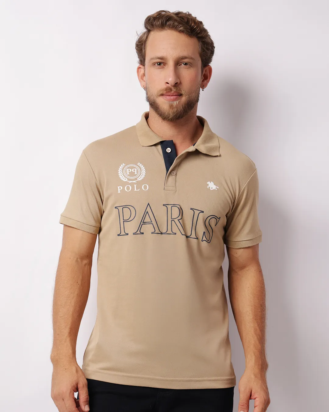 Camisa Polo Masculina Piquet Estampa Manga Curta Bege
