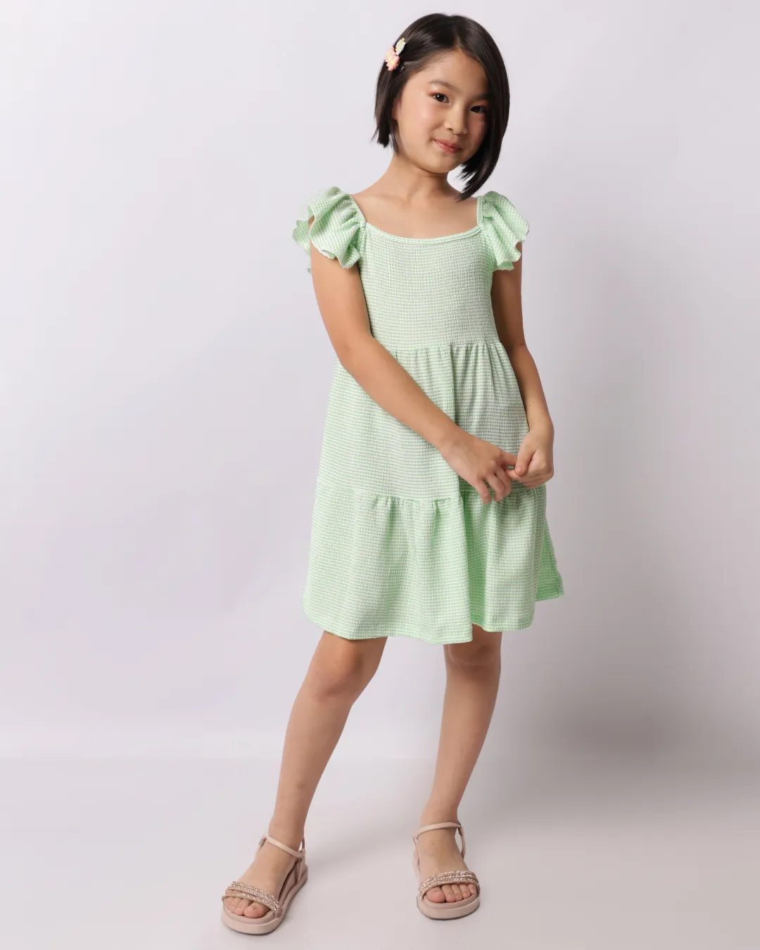 Vestido Infantil Curto Com Babados Estampado Xadrez Verde