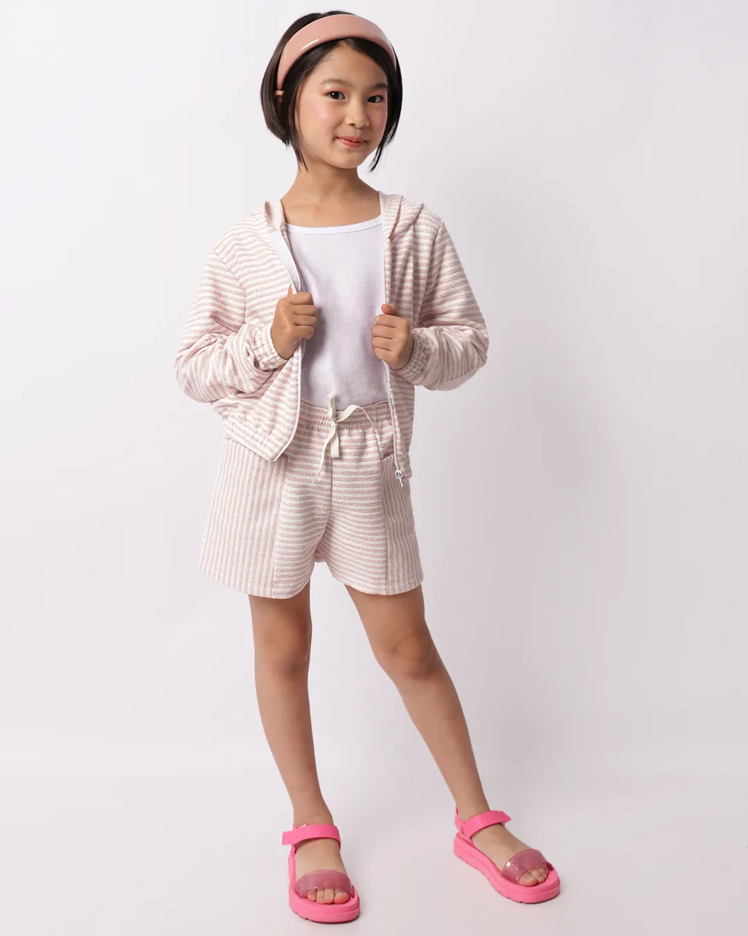 Short Infantil Curto Com Bolso Listrado Lurex Rosa
