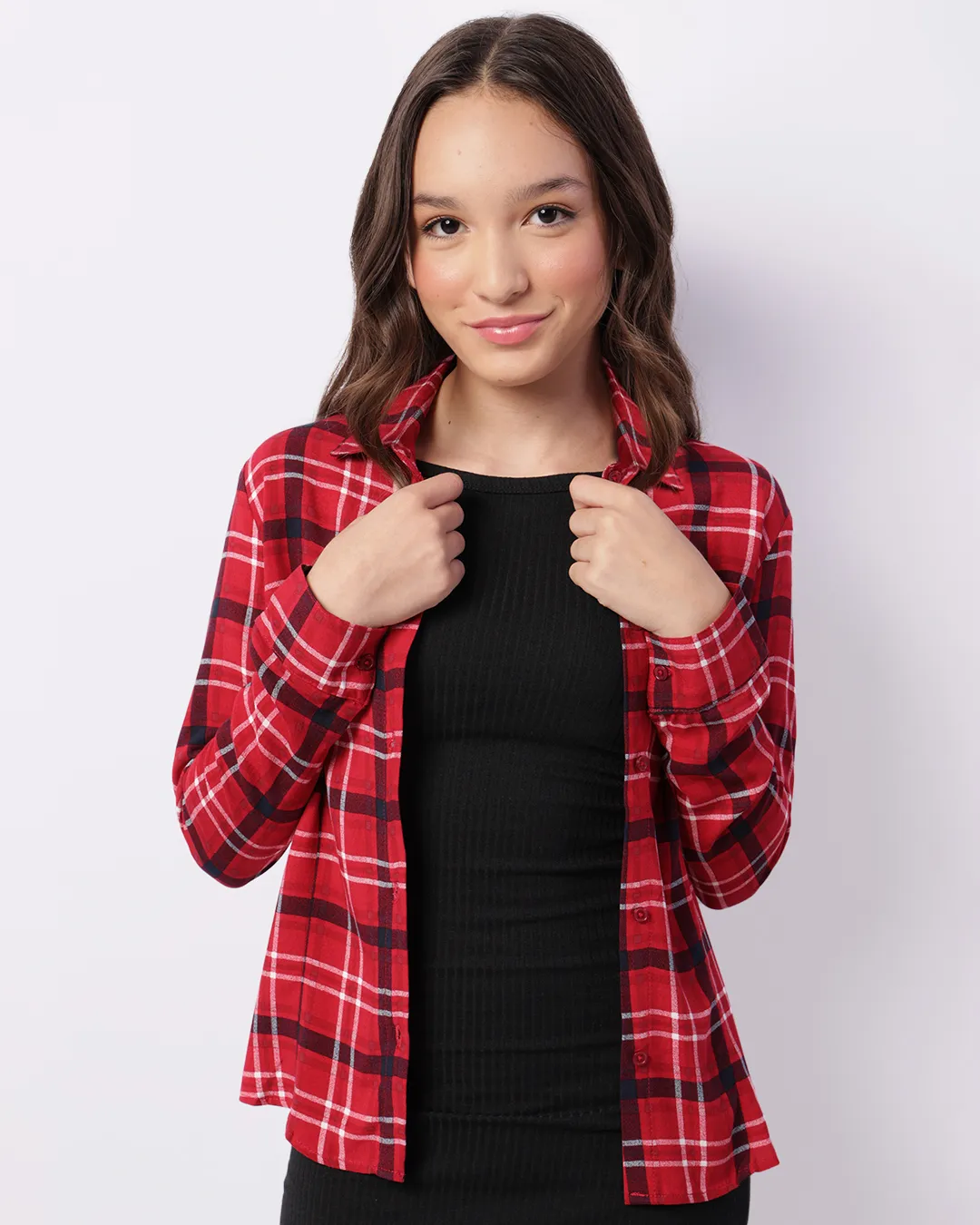 Camisa Juvenil Manga Longa Viscose Estampa Xadrez Vermelha
