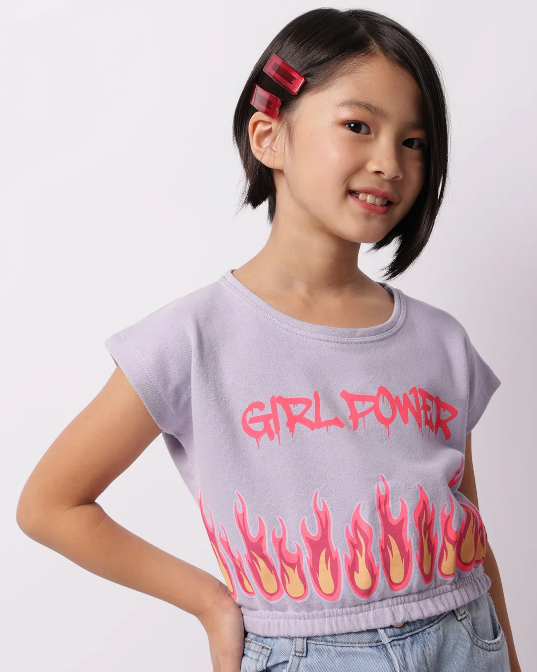 Blusa Infantil Cropped Girl Power Manga Curta Lilás