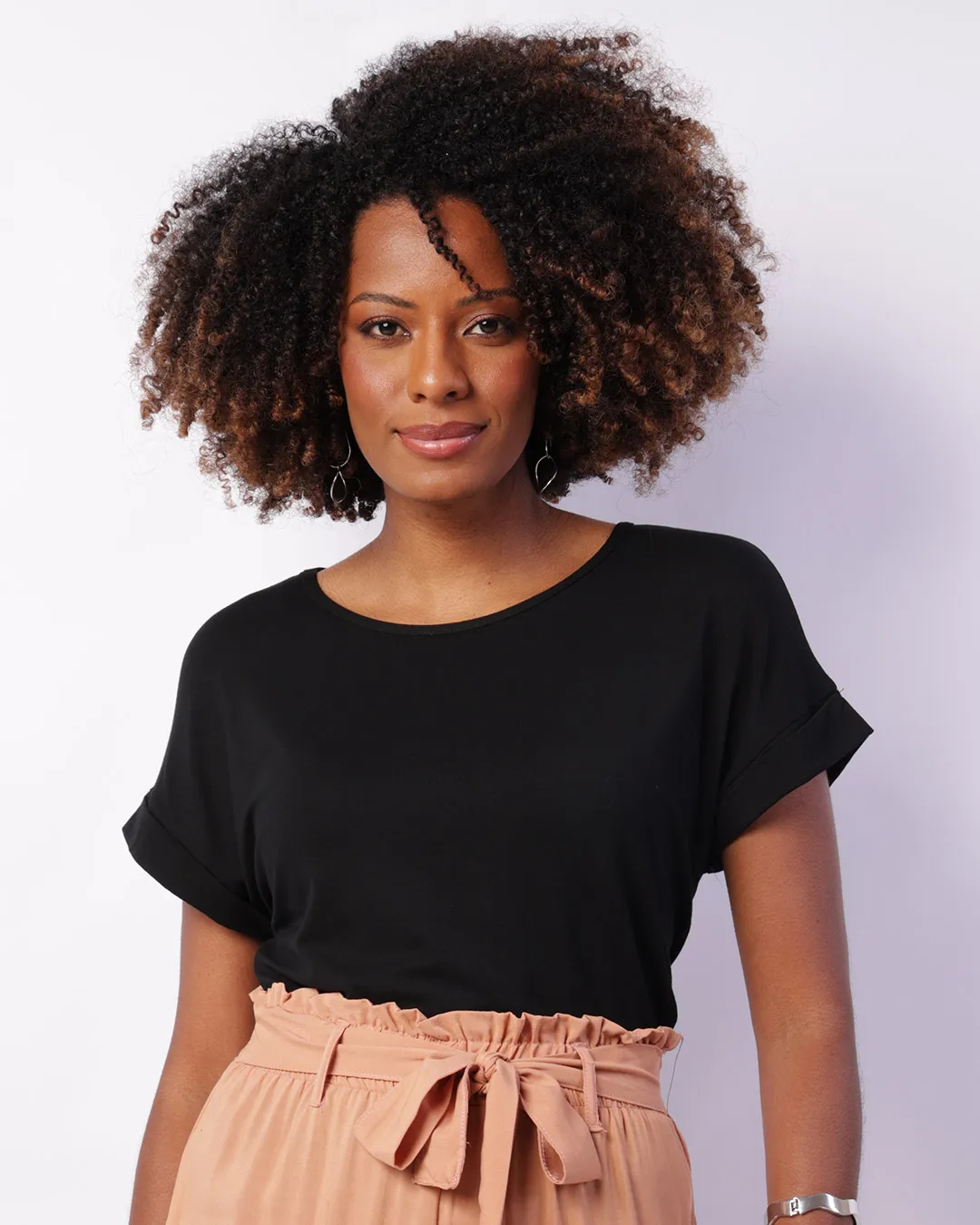 Blusa Feminina Viscose Manga Curta Dobrada Preta