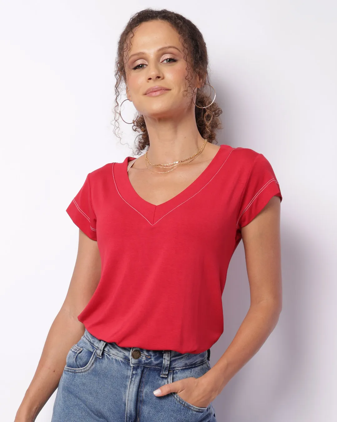 Blusa Feminina Manga Curta Viscose Pespontada Vermelha