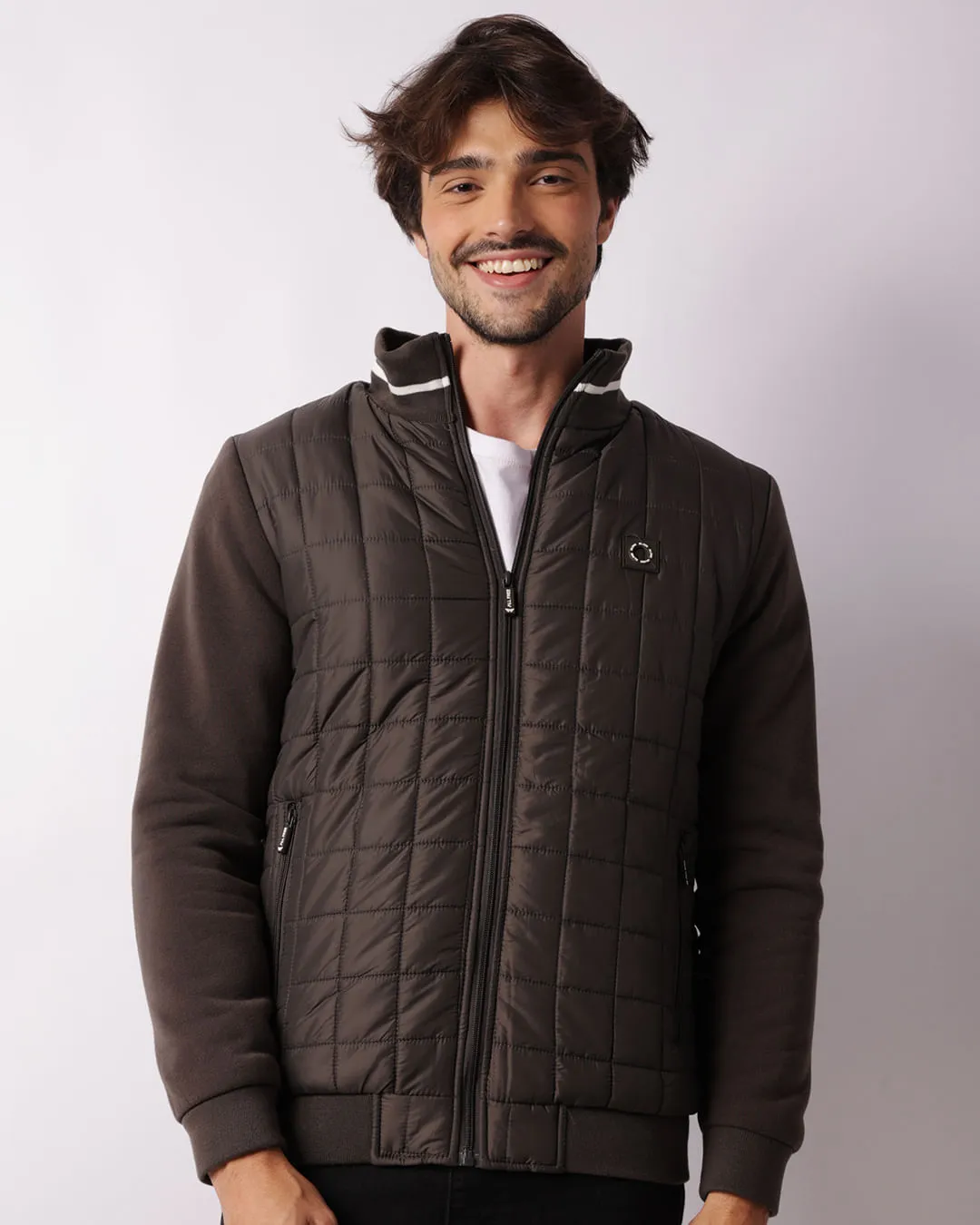 Jaqueta Moletom Masculina Puffer Matelassê Com Bolsos Zíper Cinza