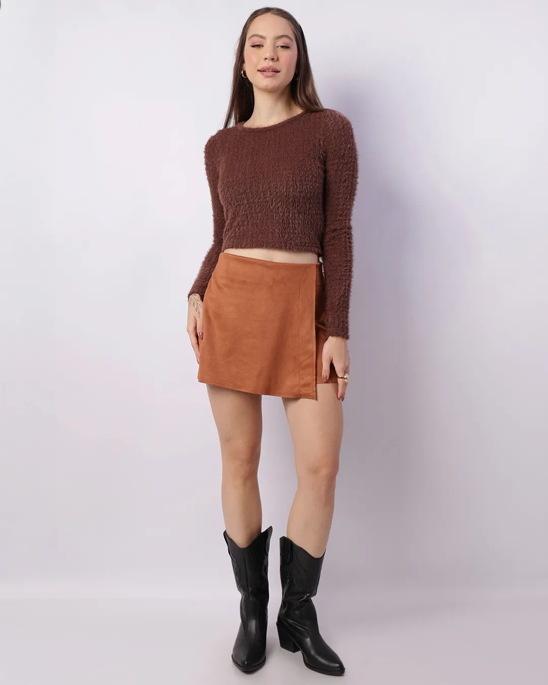 Short Saia Feminino Curto Suede Marrom