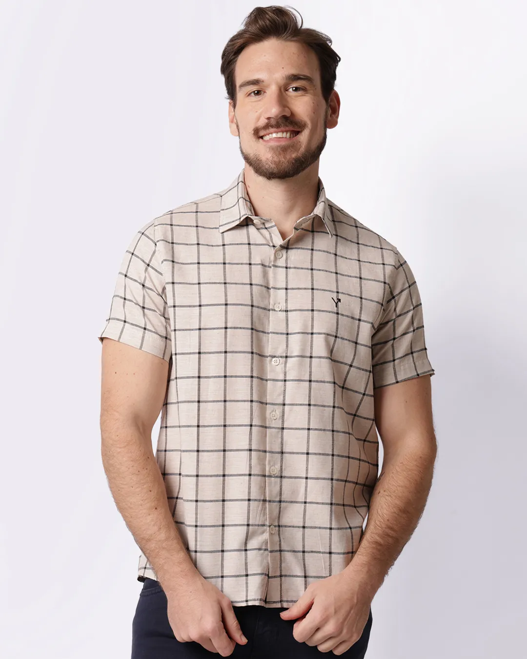 Camisa Masculina Manga Curta Estampa Xadrez Bege