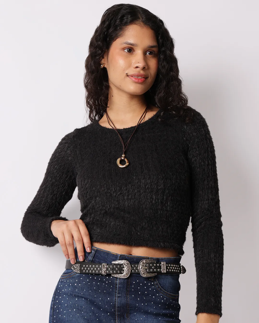 Blusa Feminina Berry & Co. Manga Longa Pelinhos Preta