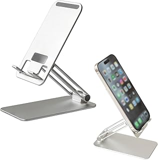 Suporte de Mesa para Celular com Base Fixa em Alumínio Premium Resistente com Pedestal Ergonômico Ajustável Dobrável e Retrátil para Smartphone (Prata)