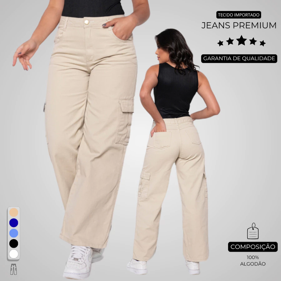 Calça Cargo 100% Jeans Original Wide Leg Bege Pantalona 10 Ao 44 + 5 Cores