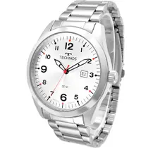 Relógio Technos Masculino Analógico Esportivo De Pulso Prata Mostrador Branco Com Efeito Fosforescente A Prova Dágua 5ATM Original