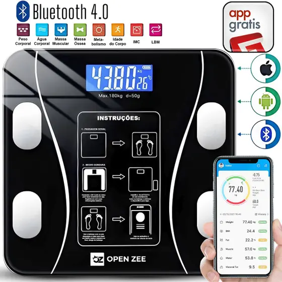 Balança Bioimpedância Digital Com Aplicativo Bluetooth Histórico Gratuito Banheiro Precisão Digital Profissional App Em Português Para Android E Ios - OPEN ZEE