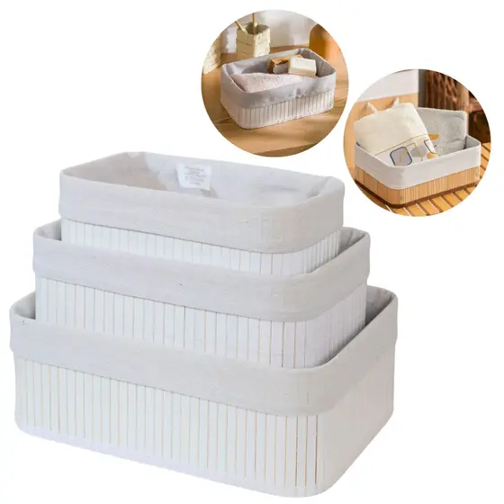 Kit 3 Cestos Organizadores de Bambu Multiuso com Forro - KONTUZ