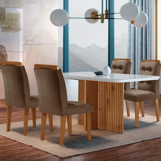Sala de Jantar Mesa Olímpia 120CM MDF Vidro Canto Copo com 4 Cadeiras Carol Moderna