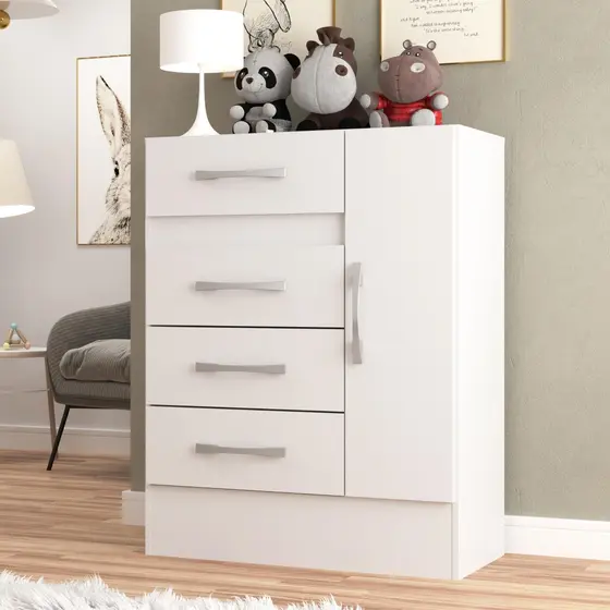 Cômoda Sapateira Infantil Jasmine - 4 Gavetas 1 Porta Cor Branca - Direto Sim