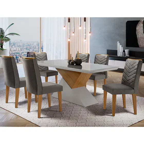 Sala de jantar Aster 180 Tampo em MDF e Vidro com 6 Cadeiras Liz Moderna