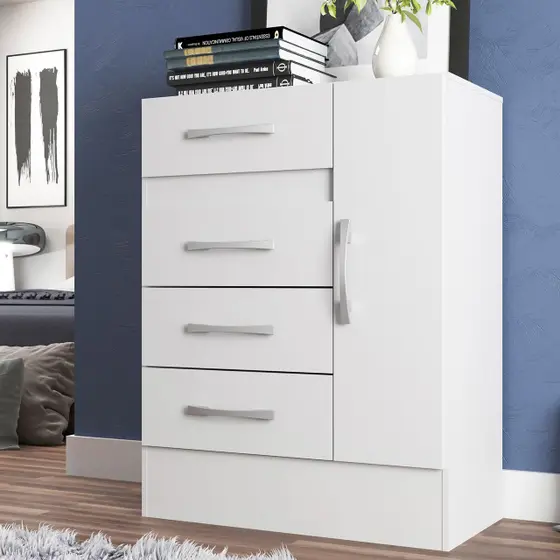 Cômoda Sapateira Grande 4 Gavetas 1 Porta Cor Branca - Direto Sim