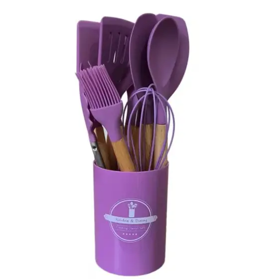 Kit Colheres Silicones 12 Peças Copo Colher Espátula Concha Suporte Cozinha Cabo Madeira - Silicone Kitchen