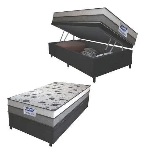 Cama Box Baú Solteiro Colchão Espuma D33 Fort 88x188x62cm Cinza e Branco Gazin
