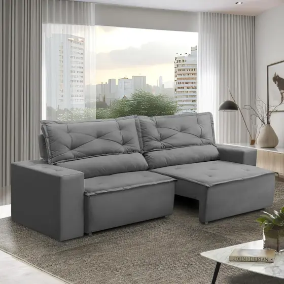 Sofá Retrátil e Reclinável 2 lugares com Molas 1,50m Livia Suede Cinza Adonai Estofados
