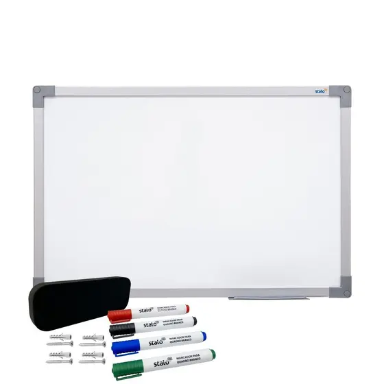 Quadro Branco 90x60 Moldura em aluminio soft com apagador e 4 Caneta - Stalo