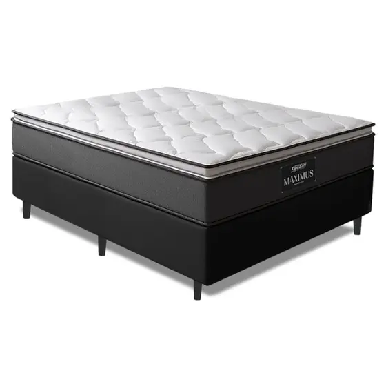 Cama Box Casal Queen Colchão Molas Ensacadas Pillow Top Maximus 158x198x62cm Cinza / Preto Gazin - Suporta até 120Kg por Pessoa