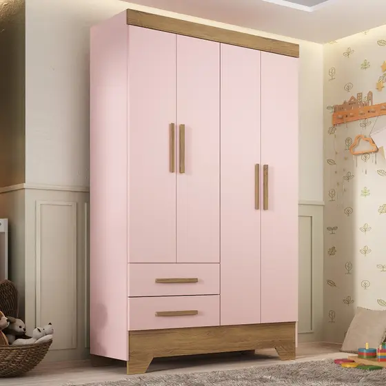 Guarda Roupa Infantil 4 Portas 2 Gavetas Rosa/Natural Tic Tac Espresso Móveis