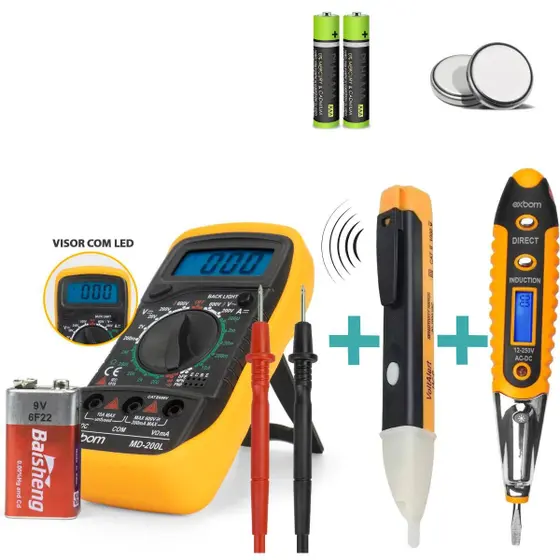 Kit 3x1 Conjunto Multimetro Digital Painel Luminoso + Chave Teste Corrente + Caneta Tensão - Exbom