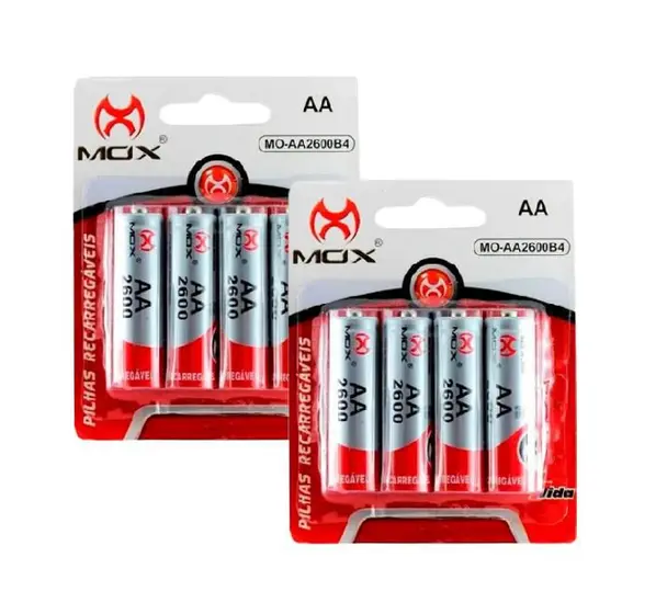 Kit Pilhas Recarregáveis Mox AA Com 8 Unidades 2600 Mah