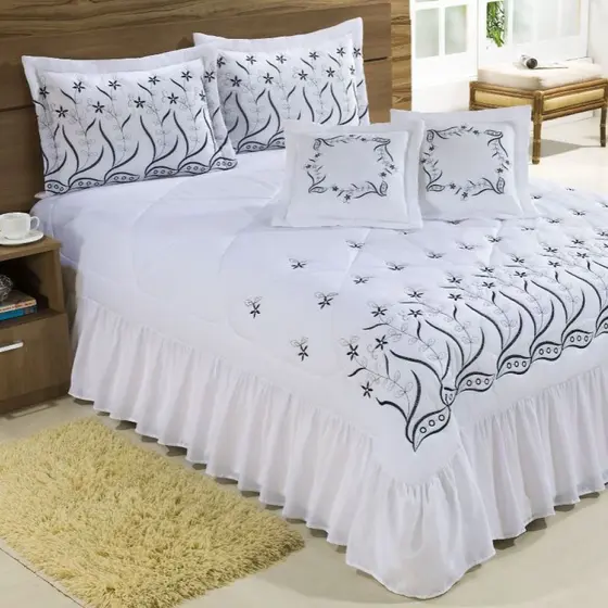 Kit Cobre Leito Casal Padrão Desejos 07 Peças Bordado - Branco com Preto - Bordados Finos