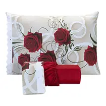 Jogo De Lençol Estampado Casal Queen 03 Peças Rosas Vermelho - Bordados Finos