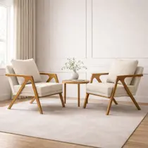 Kit 2 Poltronas Decorativa Mona Luxo Linho Bege e Base Madeira Maciça - CASA TREE