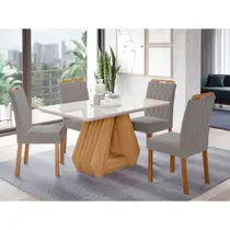 Conjunto Sala de Jantar Retangular 4 Lugares Mesa Tampo de Vidro 130 cm Agata Cadeiras Estofadas Paola Cimol Nature/Off White/Madeira/Joli