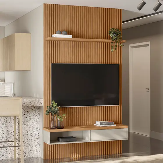 Painel para TV Até 60 Polegadas 1 Porta 140 Cm Nature Ripado/Off White - Linea Brasil
