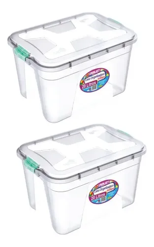 Kit 2 Caixas Organizadoras Uninjet 20 Litros Transparente Azul Com Tampa