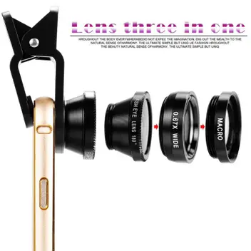 Lente Para Celular Universal Adaptador Clip Kit 3 em 1 Fish Eye 180 Macro Wide Angle Cor Vermelha - Kit Lente Olho de Peixe Fish Eye - Kit Lente para Celular
