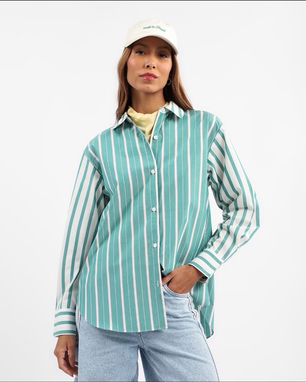 Camisa feminina regular listrada - Azul Turquesa