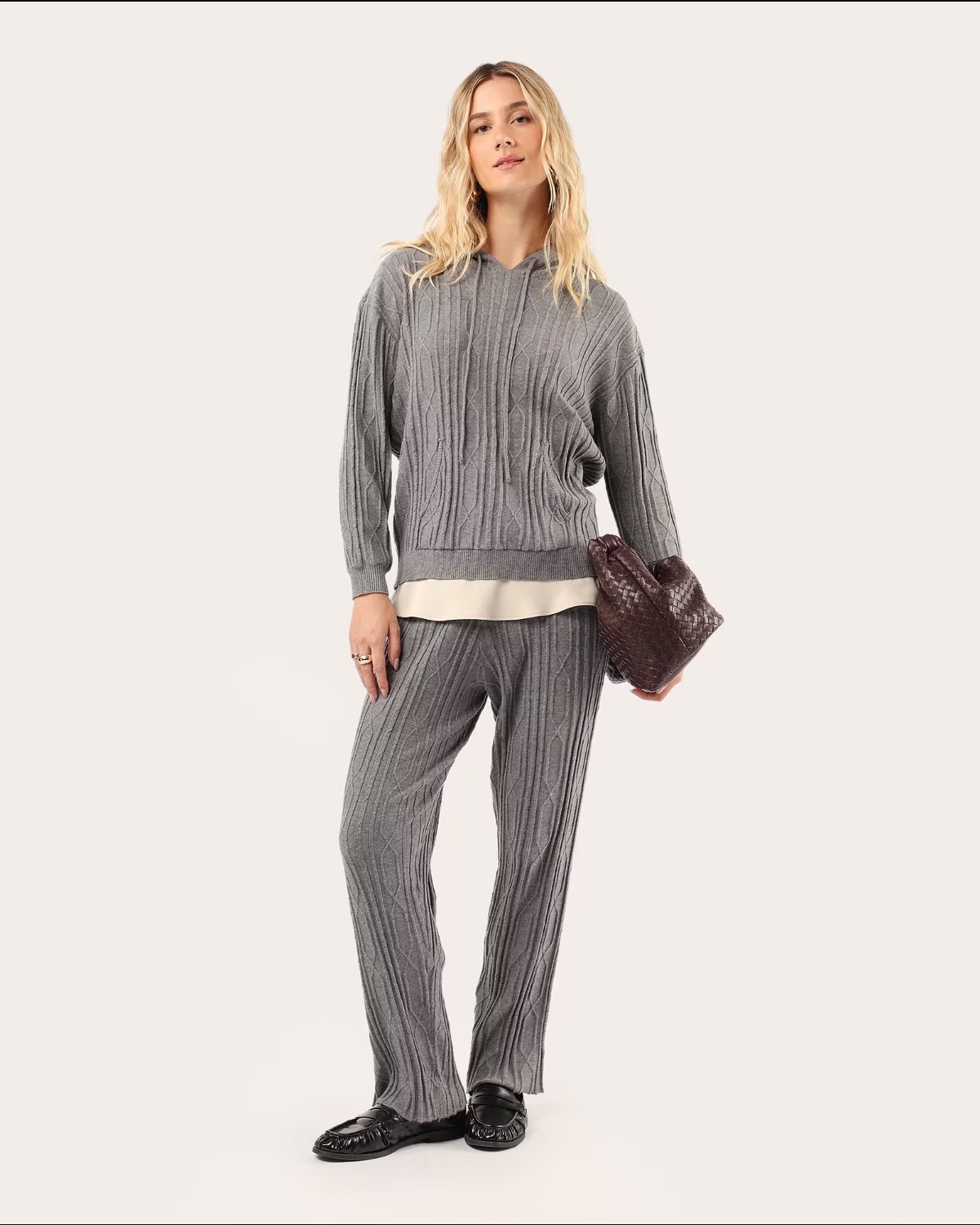 Calça feminina reta com elástico em tricot - Cinza Mescla